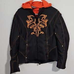 Black Jacket with Orange Hood and Embroidered Detail